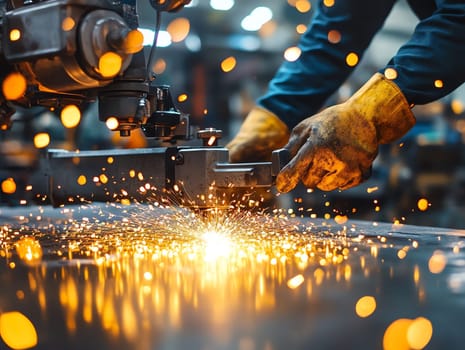 A man is wearing gloves and working with a machine that is producing sparks. The sparks are flying everywhere and the man is focused on his work