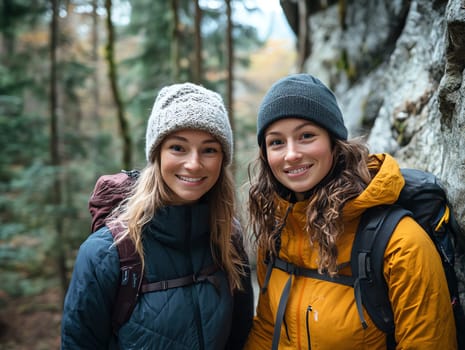 Two women wearing hats and backpacks are smiling for the camera. One of them is wearing a yellow jacket