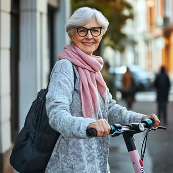 A woman is riding a scooter with a pink scarf. She is smiling and wearing glasses. There are other people in the background