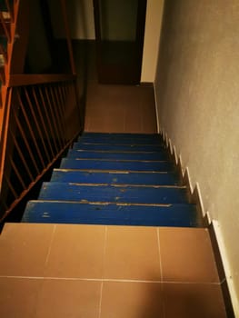 The downward view of a staircase reveals worn blue wooden steps and tiled flooring, illuminated by faint light from an open door at the bottom.
