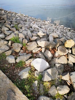 Rugged stones and gravel line the riverbank, interspersed with green grass and dry leaves, creating a quiet, natural environment by the water.