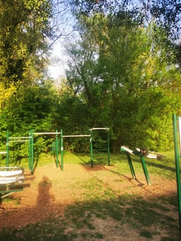 This fitness area features exercise equipment designed for outdoor use, surrounded by vibrant trees in a serene park setting during the late afternoon.