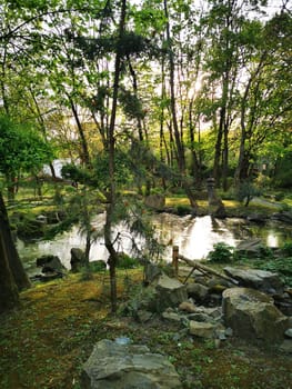 A peaceful pond reflects the warm glow of sunset, framed by verdant trees and rocky outcrops, creating a harmonious natural escape in a garden.