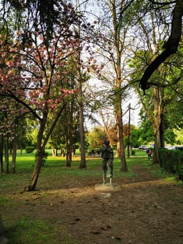In a peaceful park setting, blooming trees surround a statue while visitors enjoy leisure activities. The sun casts a warm light on the vibrant greenery.