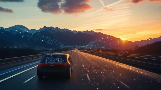 Green electric car is driving itself on a scenic country road at sunset, using artificial intelligence and machine learning