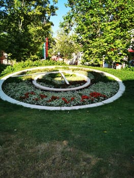 A circular garden design showcases vibrant flowers in various colors, surrounded by lush greenery, creating a serene atmosphere in a public park during daylight.