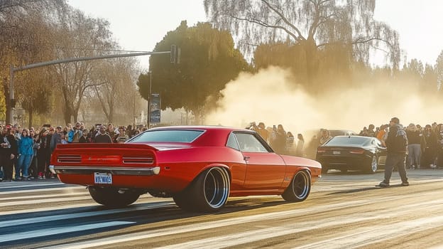 Pink muscle car revs its engine, creating smoke as a crowd cheers at an event. The vibrant sunset adds excitement to this dynamic scene of automotive passion in california's urban streets