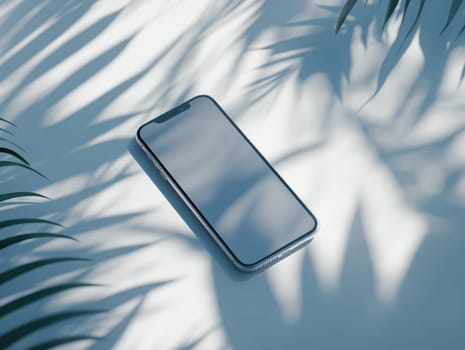 Modern smartphone displayed on minimalist white surface with soft natural shadows.