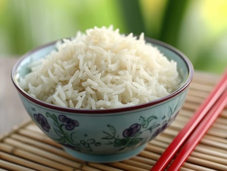 Steamed rice in floral bowl with red chopsticks on bamboo mat.
