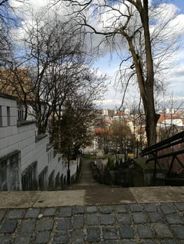 Visitors descend a set of stone steps surrounded by trees in an urban landscape, with buildings visible in the distance under a cloudy sky.