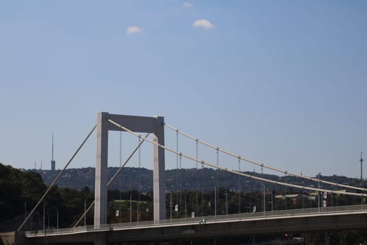A striking cable-stayed bridge stands tall against the bright blue sky, with lush hills and a city skyline featuring tall towers in the background.