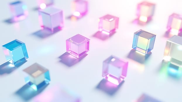 A row of colorful cubes are arranged in a pattern on a white background. The cubes are made of glass and are of various sizes and colors. Scene is bright and cheerful