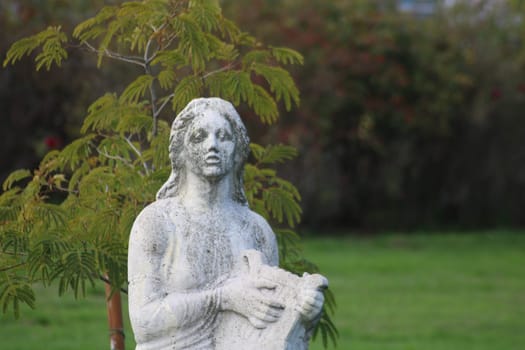 A stone sculpture depicts a woman gently cradling a cat, surrounded by lush greenery in a peaceful garden, illuminated by soft daylight.