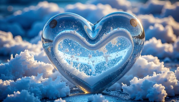 A heart made of ice is sitting on top of a snowy surface. The heart is surrounded by a cloud of snow, giving it a dreamy and romantic appearance. The scene evokes feelings of love, warmth