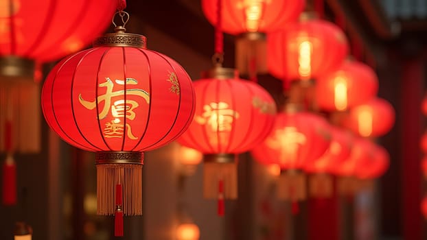 A bunch of red lanterns hanging from the ceiling. The lanterns are lit up and the light is shining through the red fabric. The scene is warm and inviting, creating a cozy atmosphere