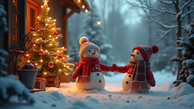 Two snowmen are standing next to a Christmas tree. One of the snowmen is holding a candle
