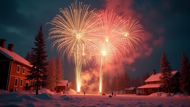 A Christmas tree is lit up with lights and a star on top. The scene is set in a residential area with houses and a river in the background. The fireworks are set off in the distance