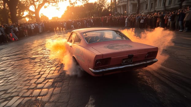 Powerful sports cars race through city streets at sunset, leaving a trail of smoke, thrilling spectators with high speed action