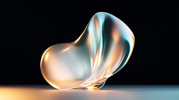 Transparent glass object with a flowing, organic form is reflecting a spectrum of vibrant colors, creating a captivating interplay of light and form