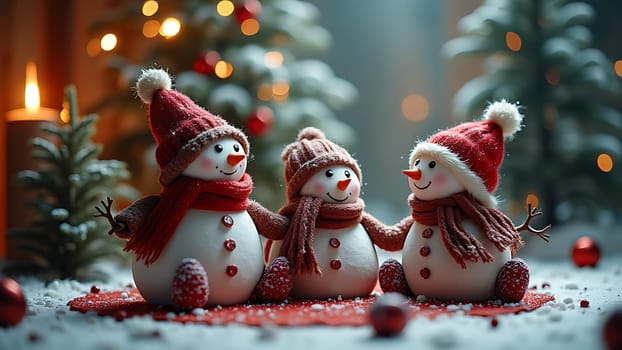 Two snowmen are standing next to a Christmas tree. One of the snowmen is holding a candle