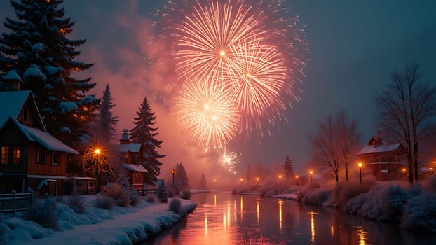 A Christmas tree is lit up with lights and a star on top. The scene is set in a residential area with houses and a river in the background. The fireworks are set off in the distance