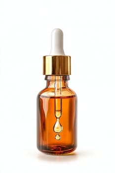 Glass dropper bottle filled with a golden liquid is dripping, showcasing its potential for beauty, health, or pharmaceutical applications