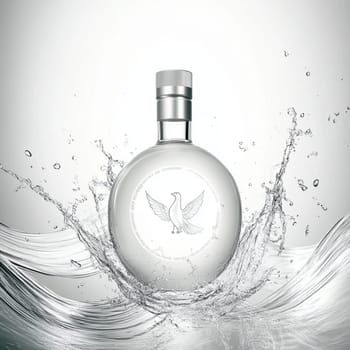 Transparent bottle filled with liquid is standing in the middle of a big splash of water, creating interesting shapes and reflections