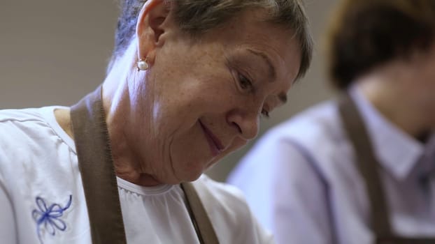 An elderly woman participating in a delightful cooking class, showcasing her amazing skills and passion in the kitchen. Stock Clip