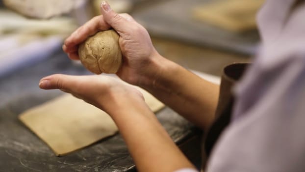 Talented artists shaping wet clay in a busy pottery workshop, showcasing their remarkable skill and creativity. Stock Clip