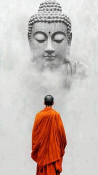 Buddhist monk wearing an orange kasaya walking on a stone surface towards a giant buddha head