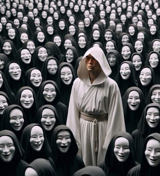 A man in a white robe stands in front of a crowd of people wearing masks. The image has a mysterious and eerie mood