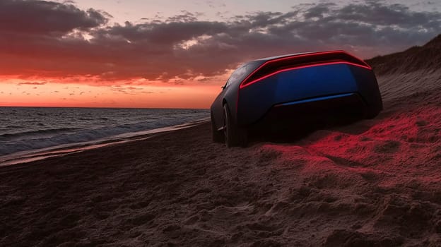 Modern electric sports car is parked on a sandy beach with a beautiful sunset in the background, emanating a sense of luxury and adventure