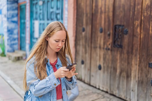 Female tourist walks through the colonial streets San Cristobal de las Casas, Mexico. Cultural exploration, architecture, and travel experience concept.