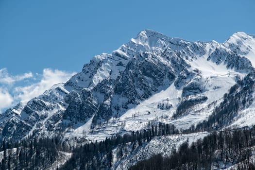 Snow-covered mountain range under a clear blue sky with distant peaks in the afternoon.