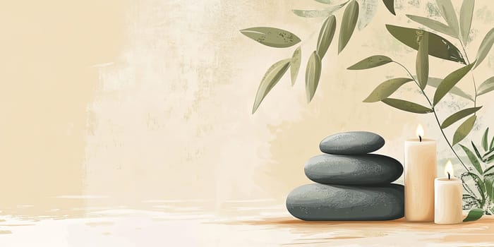 Stacked smooth stones sit beside lit candles and soothing foliage, creating a tranquil atmosphere perfect for meditation or relaxation in a minimalist space.