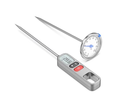 Digital and analog food thermometers on white background