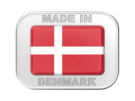 Made in Denmark, silver badge with the national flag of Denmark
