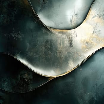 The artwork features smoothly curved metallic surfaces, reflecting light against a dark textured background, creating a striking visual contrast and depth.