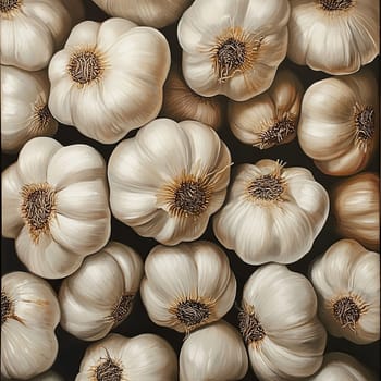 Delicate clusters of fresh garlic bulbs highlight their smooth cloves and papery skins against a contrasting dark backdrop, emphasizing their culinary appeal and natural elegance.