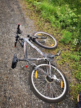 A mountain bike lies on its side on a gravel trail, with scattered grass and plants around, indicating a possible mishap while riding.