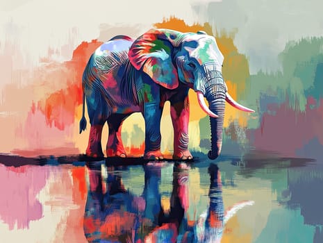 An artistic representation of a colorful elephant stands gracefully by the water, creating stunning reflections that capture a harmonious blend of wildlife and creativity.