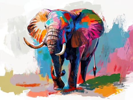 A colorful elephant walks through a bright landscape filled with vivid hues, showcasing a blend of artistic styles and lively colors that capture attention.