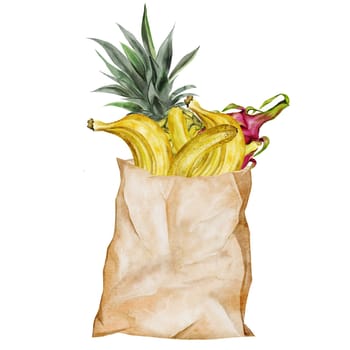 Paper bag with fruits watercolor. Hand drawn craft packaging with bananas, pineapple and darkonim fruit. Food clip art. Ideal for food stickers, posters of farm organic stores and design of nutritionist blogs. High quality illustration