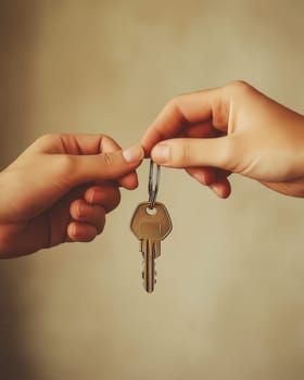 Passing keys from one hand to another hand against an abstract background. Selective focus.