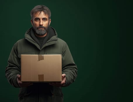 Delivery courier holds parcel on green background. Selective focus.