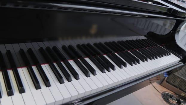 A truly stunning black grand piano that showcases its exquisite elegant design along with its polished keys beautifully. Clip