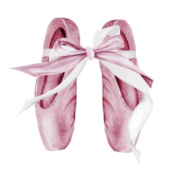Pointe shoes watercolor. Hand drawn pink ballerina accessories postcard on isolated white background. Clip art of elegant satin ballet shoes with space for name inscription. Ideal card for ballet and dance and posters. High quality illustration