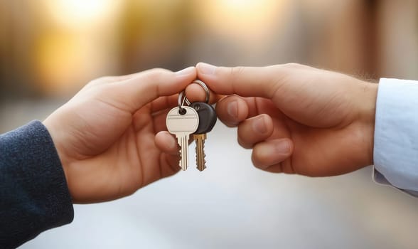 Passing keys from one hand to another hand against an abstract background. Selective focus.