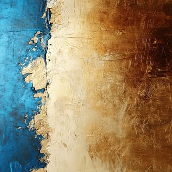 An abstract composition features a dynamic blend of blue, gold, and brown tones, showcasing a textured surface that adds depth and character to any modern space.