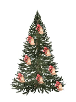 Christmas card watercolor. Hand drawn vintage evergreen tree with bells isolated on white background. Clip art of Christmas and New Year symbol. Ideal for greeting cards, posters and home crafts design. High quality illustration